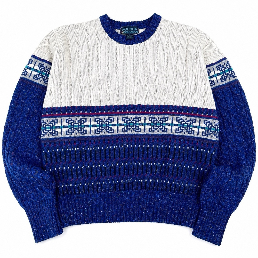 Vtg Agenda Wool Sweater Mens XL Blue White Cable Knit Chunky Abstract 90s Coogi
